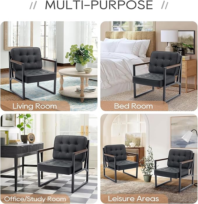 COLAMY Black Leather Accent Chair, Accent Arm Chair - Image 4