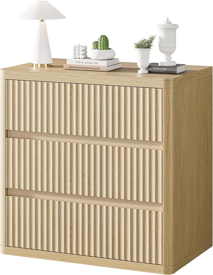 Fluted Nightstand with 3 Drawers, Wood Night Stand with Storage, Modern Bedside by StandifurnoFurniture