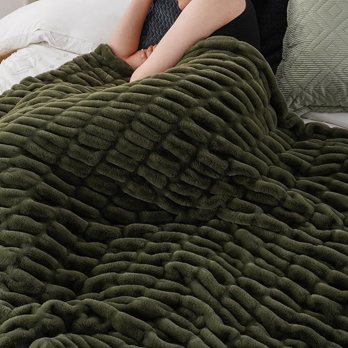 BATTILO HOME Olive Green Faux Fur Throw Blanket - Image 3
