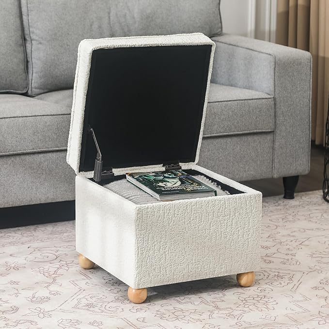 Adeco 17 Inch High Faux Fur White Cube Ottoman Storage, 3D Embossed Velvet - Image 3
