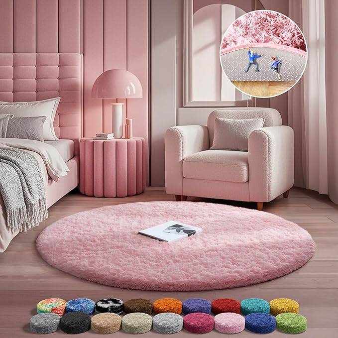 Ophanie Pink Round Rug for Bedroom Girls, Kids Fluffy Kawaii Fuzzy Shag Circle by Ophanie