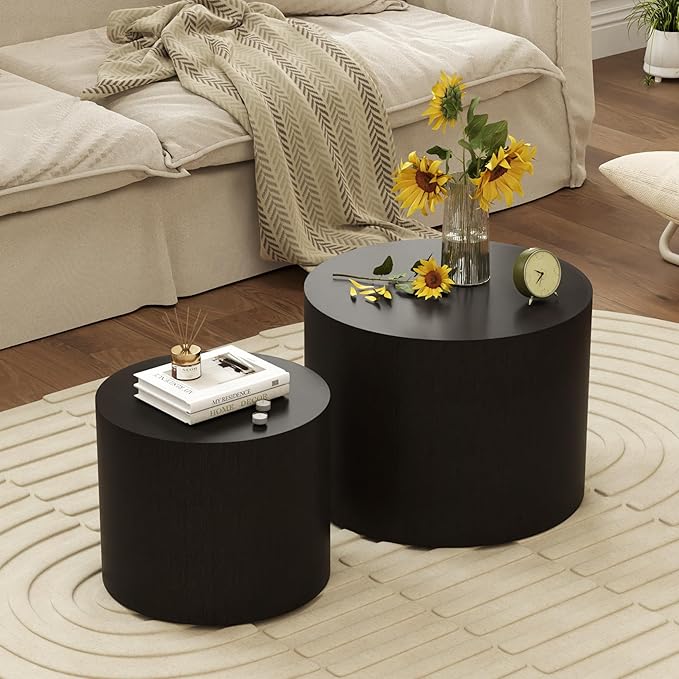 Nesting Coffee Table Set of 2, Round Wood Black Coffee Tables Modern Circle - Image 7