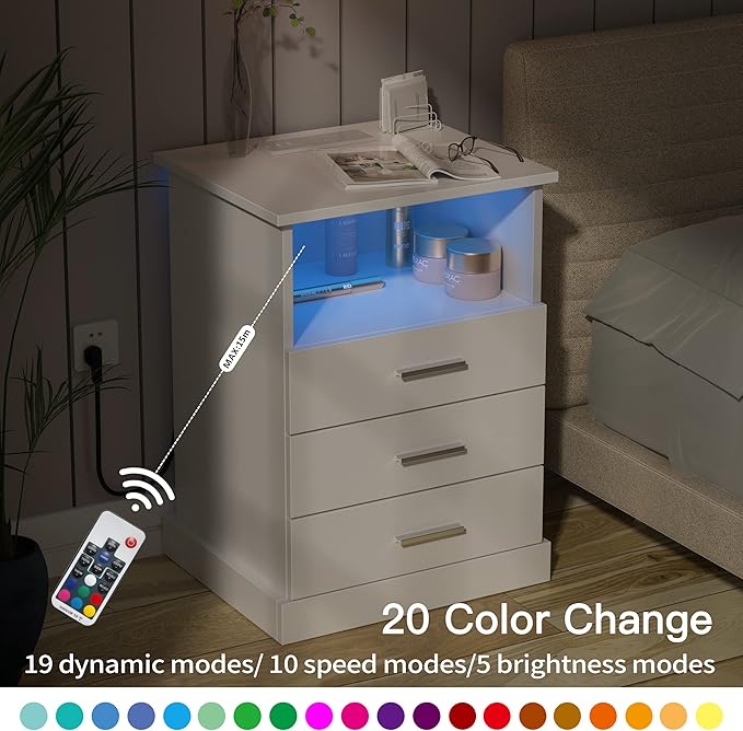 Halitaa Nightstand with Charging Station, LED Lights Side Table with 3 Drawers - Image 7