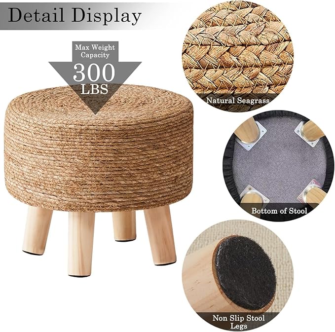 Wimarsbon Round Foot Stool Natural Seagrass Poufs Ottoman Hand Weave Footrest - Image 4