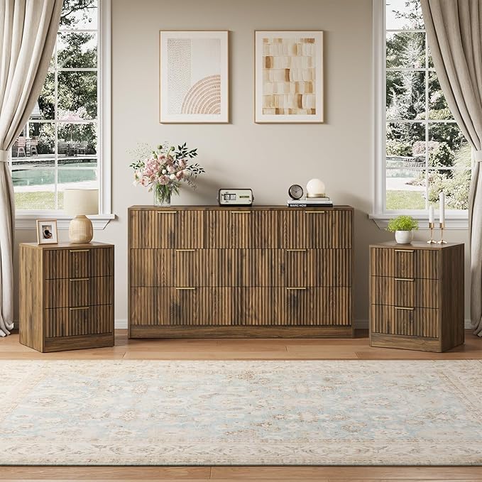 7 Drawer Dresser & Nightstand Set, 3-Piece Fluted Bedroom Dresser and Night by NOVAMAISON
