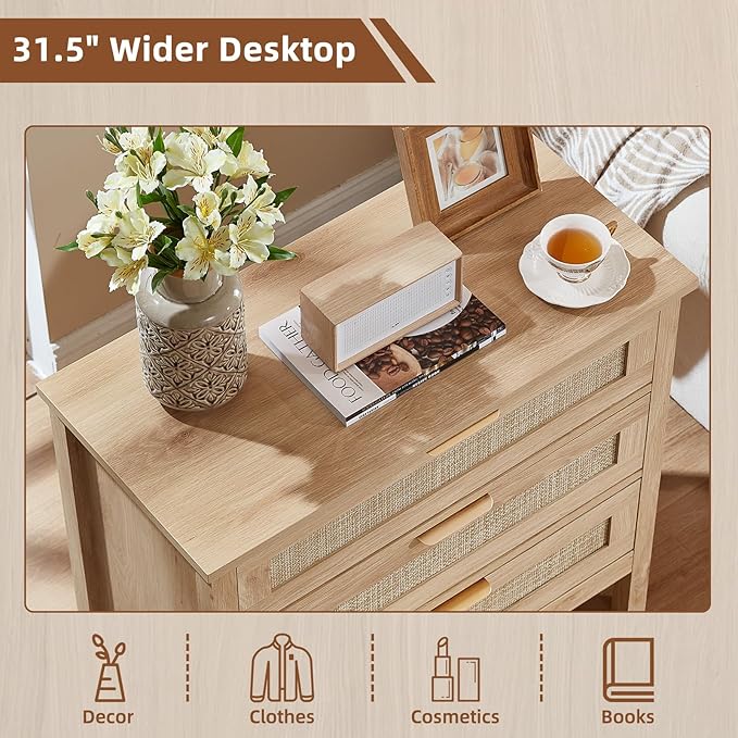 LEYAOYAO 31.5" Wide Rattan Night Stand, Large Boho Nightstand, Bedside Table - Image 4