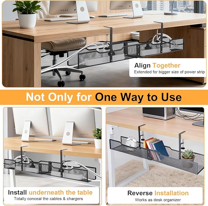 No Drill Under Desk Cable Management Tray, Extended-Length Metal Mesh Wire - Image 4