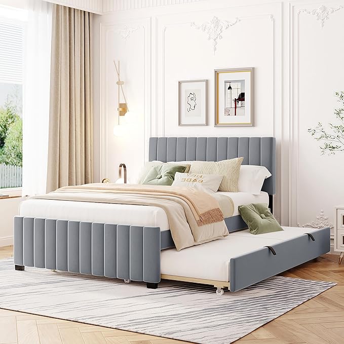 Full Bed Frame with Trundle Bed, Velvet Upholstered Platform Bed Frame by Bellemave