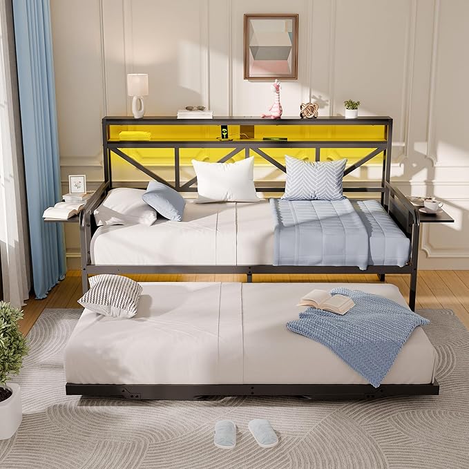 Daybed with Trundle, Heavy Duty Metal Twin Bed Frame with LED Lights & 2-Tier - Image 4