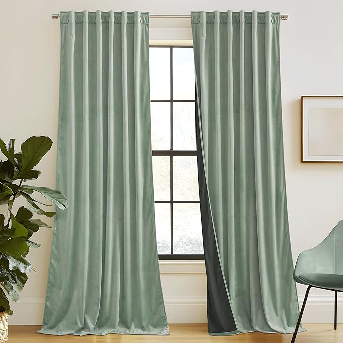 RYB HOME Mint Green Velvet Curtains 90 inches Long, Room Darkening, Floor-Length by RYBHOME