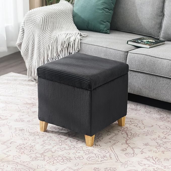 Adeco 18 Inch High Faux Fur Grey Cube Ottoman Storage, Fluffy Striped Velvet by Adeco