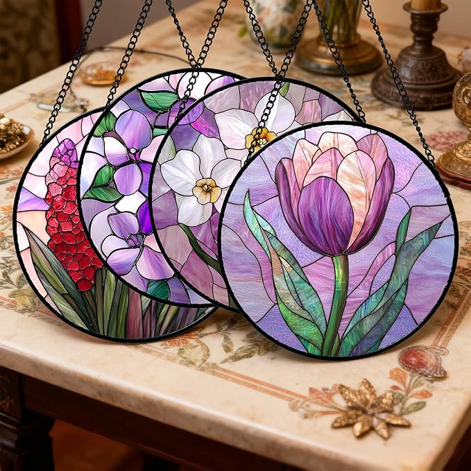 DASTOLL Stained Glass Window Hanging 4 Pcs Set Purple Flower Theme 7.8" - Image 2