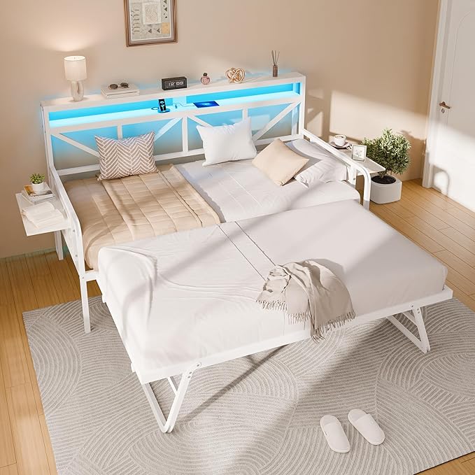 Daybed with Trundle, Heavy Duty Metal Twin Bed Frame with LED Lights & 2-Tier by furniture