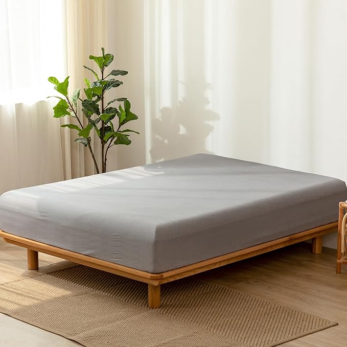 MooMee Fitted Bottom Sheet Only 100% Washed Cotton Linen Like Textured - Image 3