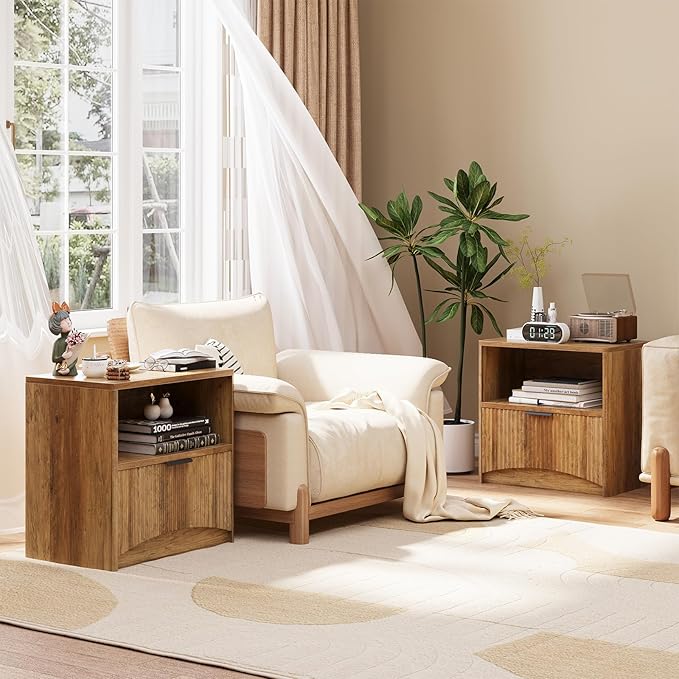 Fluted Nightstand Set of 2, MCM Mid Century Modern Bedside Tables - Image 3