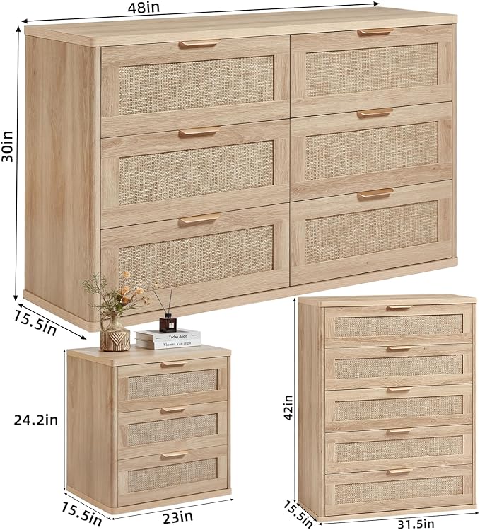 LEYAOYAO Rattan Dresser and Nightstand Sets 3, Boho Wood Dresser - Image 3