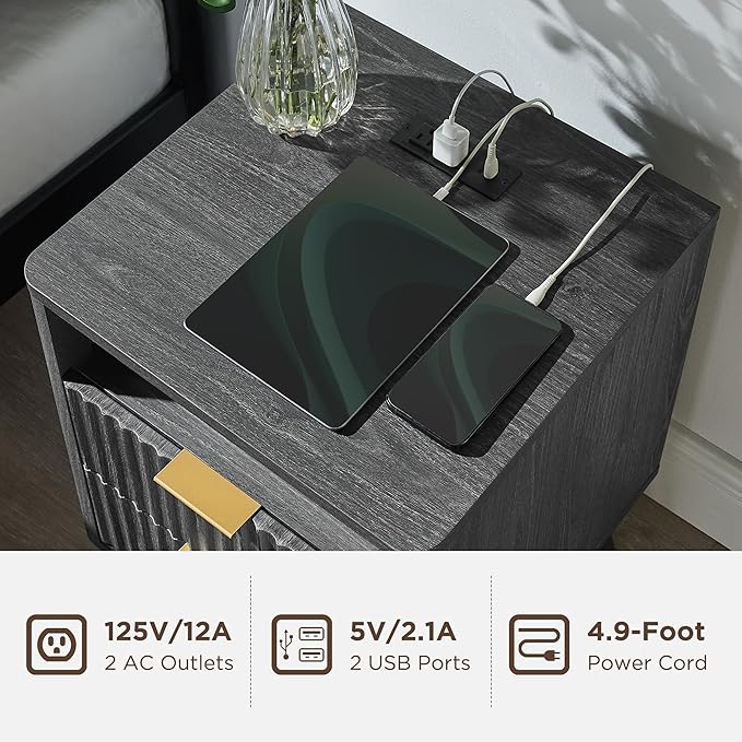 T4TREAM Fluted Nightstand with Charging Station, 2 Drawers End Table with - Image 4