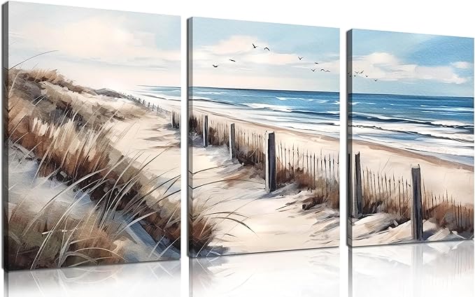 Blue Beach Canvas Wall Art for Living Room Bedroom Bathroom Nature Landscape by ANCXWOTER