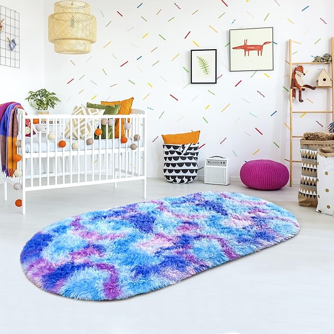 Noahas Oval Fluffy Purple Rainbow Rug 2.6X5.3 Small Kids Rugs - Image 8