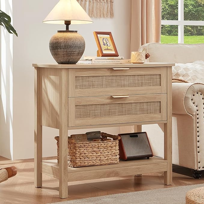 LEYAOYAO 31.5" Wide Rattan Night Stands Set 2, Oversized Large Boho Nightstand - Image 3