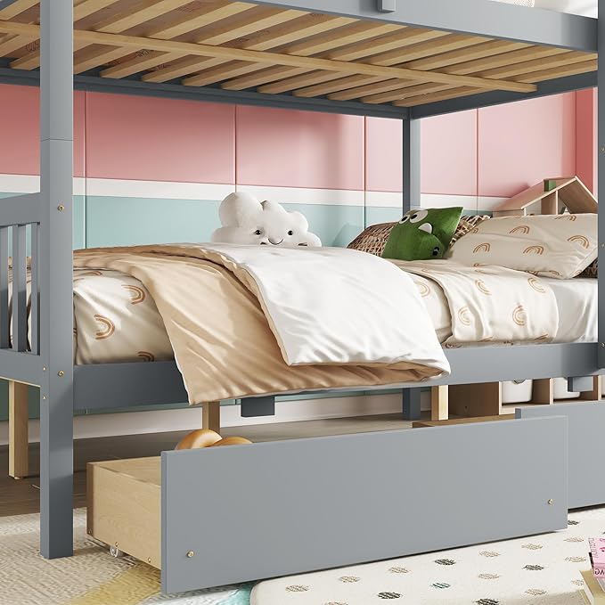 Full Over Full Bunk Bed with Storage Drawers, Convertible Bunk Beds with Ladder - Image 7