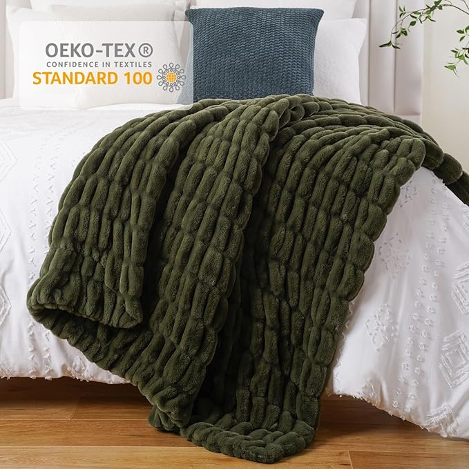 BATTILO HOME Olive Green Faux Fur Throw Blanket - Image 5