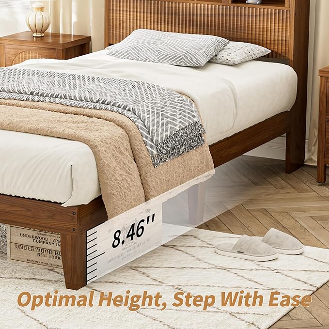 Twin Bed Frame with Wave Headboard, Wooden Headboard with 3 Arched Storage - Image 6