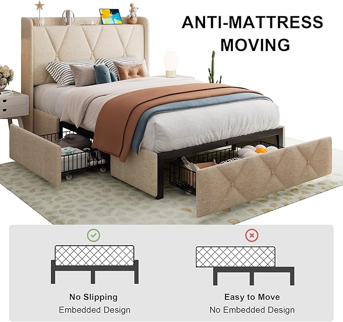 Feonase Twin Bed Frame with 3 Storage Drawers, Upholstered Platform Bed with - Image 7