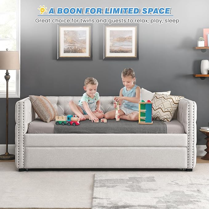 Antetek Daybed with Trundle, Upgraded Linen Upholstered Twin Size Day Bed - Image 8