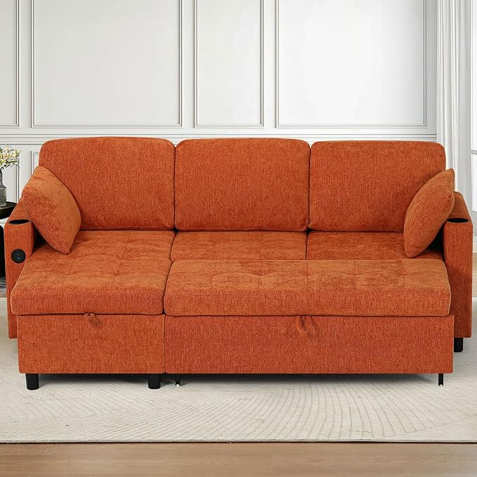 84" Chenille Pull Out Sofa Bed w/Adjustable Backrest, L-Shape Modern Sleeper - Image 2