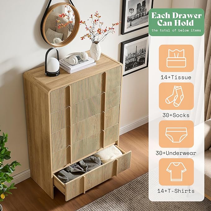 AMERLIFE Fluted 5 Drawer Dresser, Rounded Corners & Anti-Tip Design, Wood - Image 3