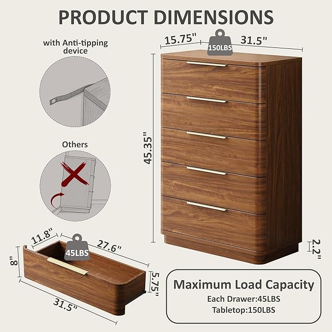 5 Drawer Dresser for Bedroom, Curved Profile Design, Wooden Closet - Image 2