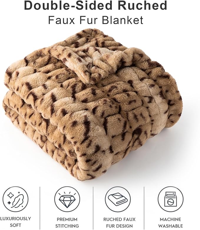 BATTILO HOME Luxury Ruched Faux Fur Throw Blanket Leopard Print, Double Side - Image 3
