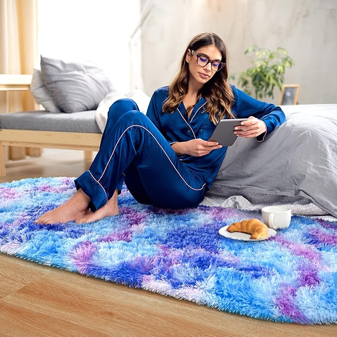 Noahas Oval Fluffy Purple Rainbow Rug 2.6X5.3 Small Kids Rugs - Image 3