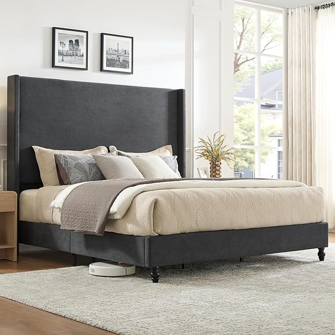 King Bed Frame with 65" Tall Headboard, Horizontal Fine Corduroy Bed Frame with by LUXOAKAddMoreStyletoHome