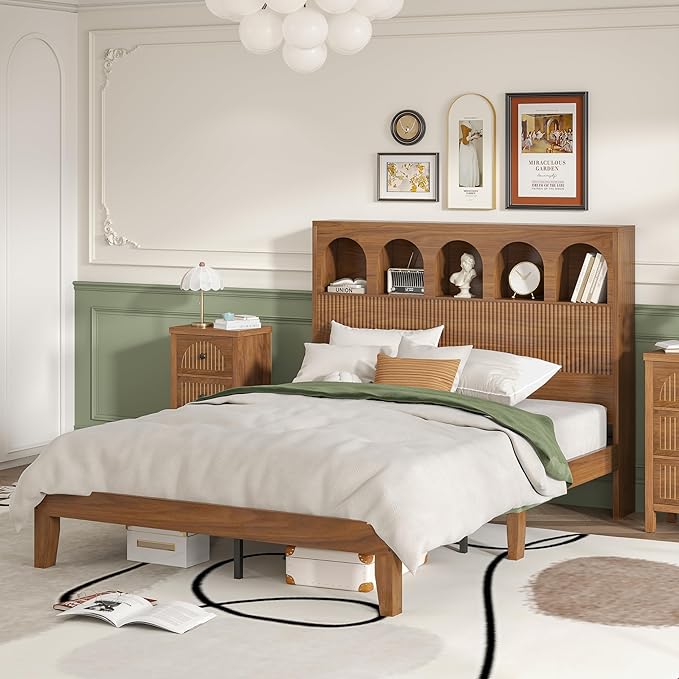 Queen Bed Frame with Storage Headboard 5 Arched Storage Compartments, 12.4 Inch - Image 9