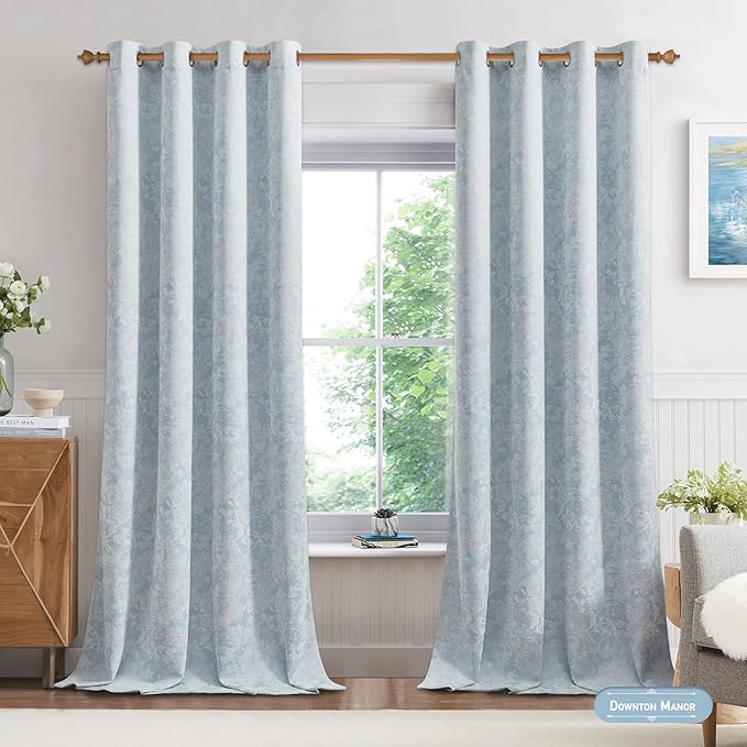 Beauoop Blue Floral Jacquard Blackout Curtains 84 Inches Long 2 Panels - Image 4