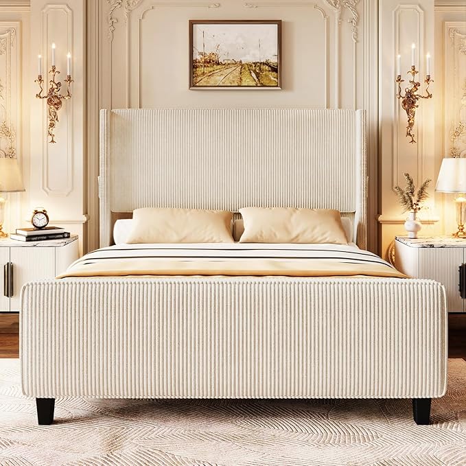 Queen Size Bed Frame with Headboard, Upholstered Platform Bed with Tall by VINTLJUS