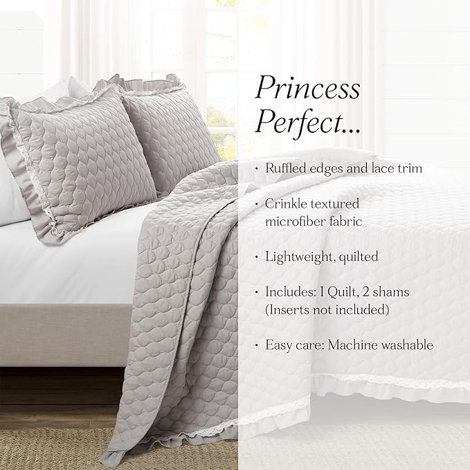 Lush Decor Ella Ruffle Lace Quilt, 3 Piece Set, Light Gray - Image 8