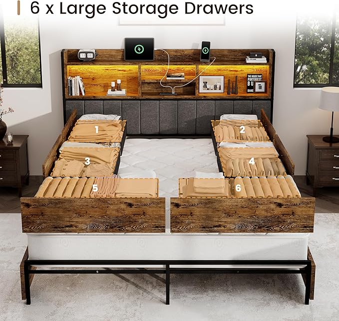 King Bed Frame with 6 Storage Drawers, Linen Upholstered Headboard, Built-in - Image 3