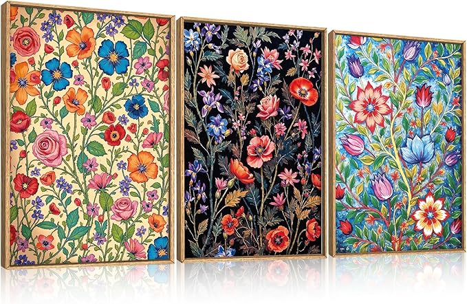 LHIUEM Large Vintage Botanical Flower Framed Canvas Wall Art, Abstract Colorful by LHIUEM