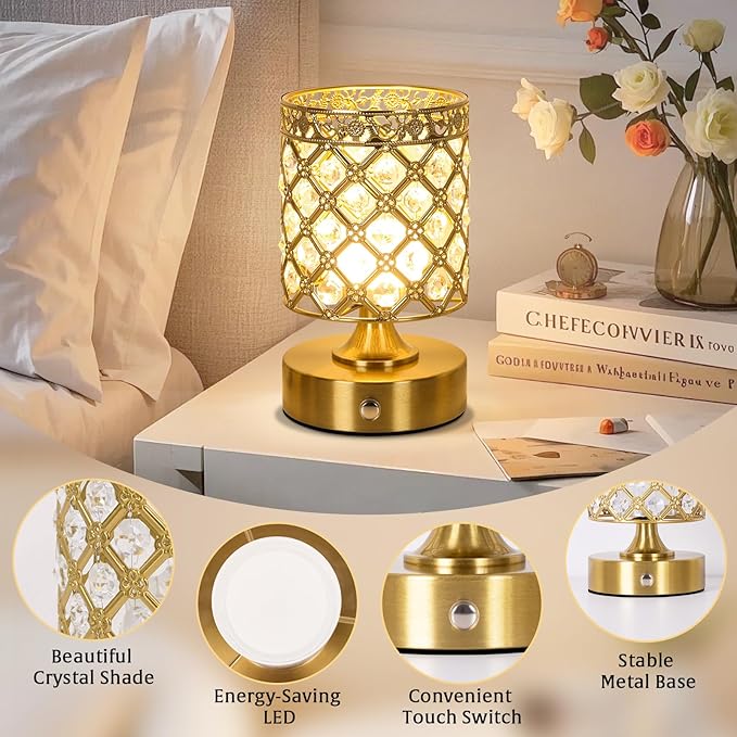 TOBUSA Gold Rechargeable Cordless Table Lamp, 6000mAh Crystal Battery Operated - Image 5