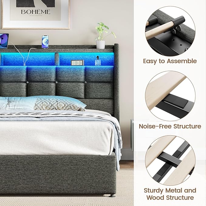 Lift Up Queen Bed Frame with Storage, Upholstered Bed Frame Queen Size with LED - Image 8
