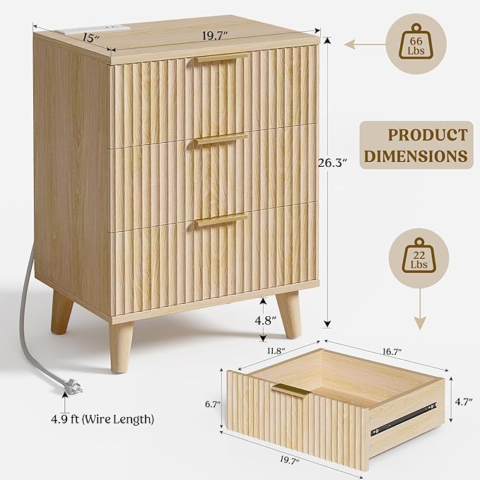 Lulive Wood 3 Drawers Dresser Fluted Night Stand - Image 2