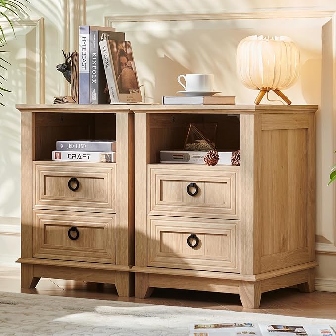 18" Farmhouse Night Stand with Charging Station, 2 Drawers Bedside End Table - Image 4