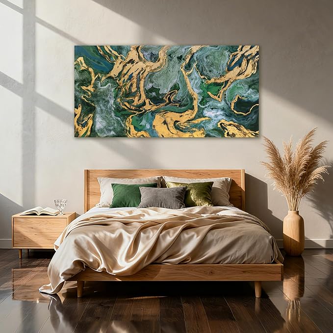 YETHEN WAL Emerald Green Abstract Wall Art Fluid Canvas Wall Decor Modern Art - Image 2