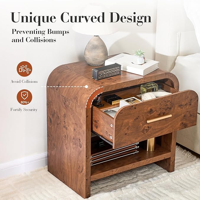 Night Stand Set of 2 1-Drawer and 1 Storage Shelf Nightstand 24" H Metal Handle - Image 5