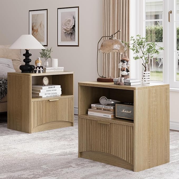 Fluted Nightstand Set of 2, MCM Mid Century Modern Bedside Tables by EdartHouse
