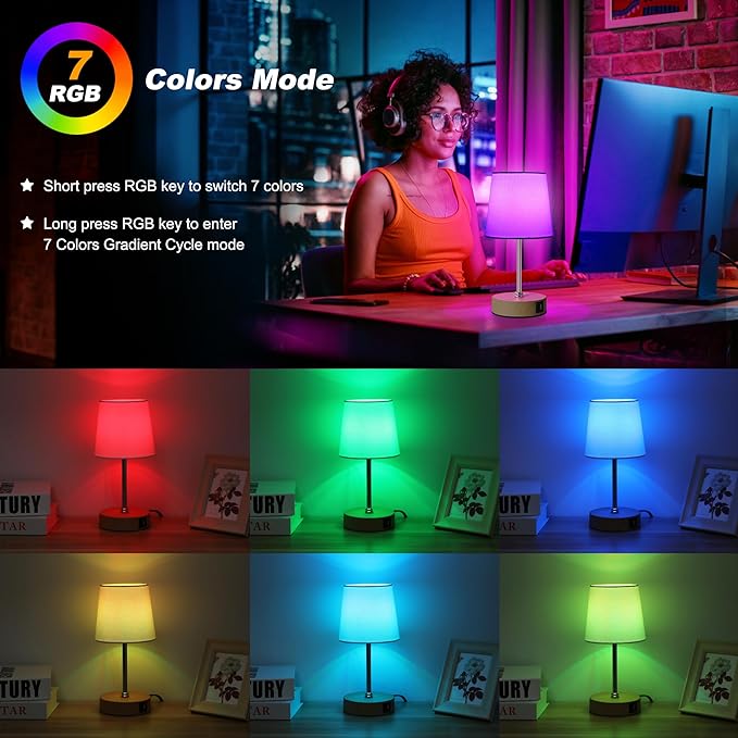 Ascher Small Bedside Table lamp Set of 2, RGB Color Changing Lamps, 3 Color - Image 4