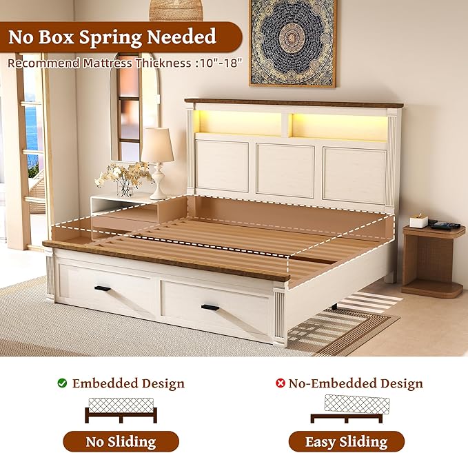 Queen Size Bed Frame with 53" Tall Headboard, Farmhouse Platform Bed Frame with - Image 7